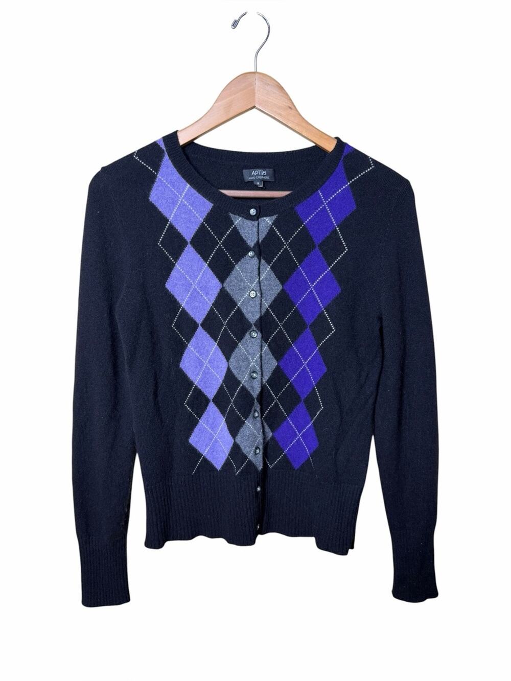 APT. 9 100% Cashmere Argyle Cardigan Black Purple Preppy Y2K Small - Picture 1 of 5